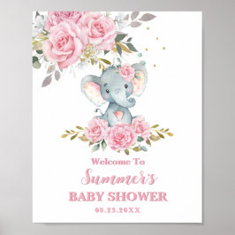 Olifant Baby Roze Bloemachtige Baby Shower Welkom Poster