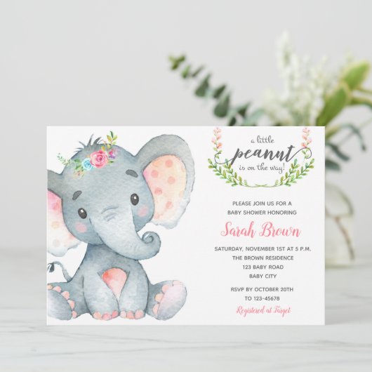 Olifant baby shower baby meisje douche uitnodiging (Staand voorkant)