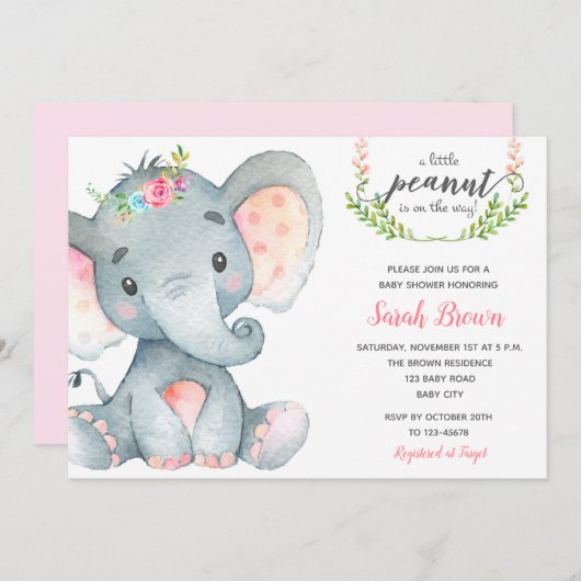 Olifant baby shower baby meisje douche uitnodiging (Voorkant / Achterkant)