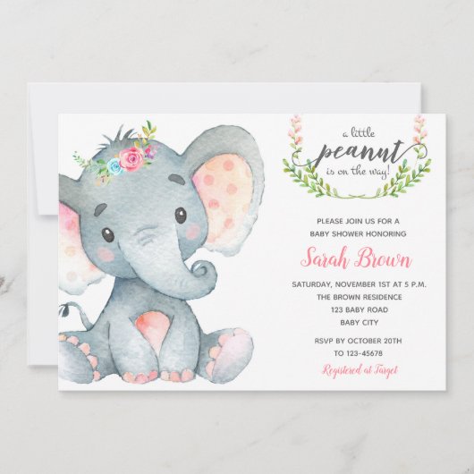 Olifant baby shower baby meisje douche uitnodiging (Voorkant)