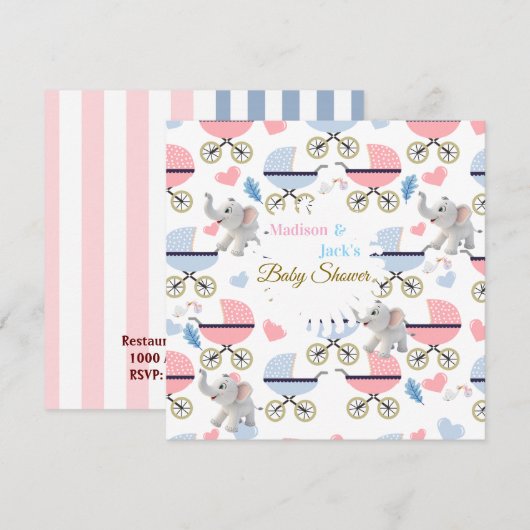 Olifant Baby Shower Baby Wagentje Kaart Uitnodigin (Voorkant / Achterkant)