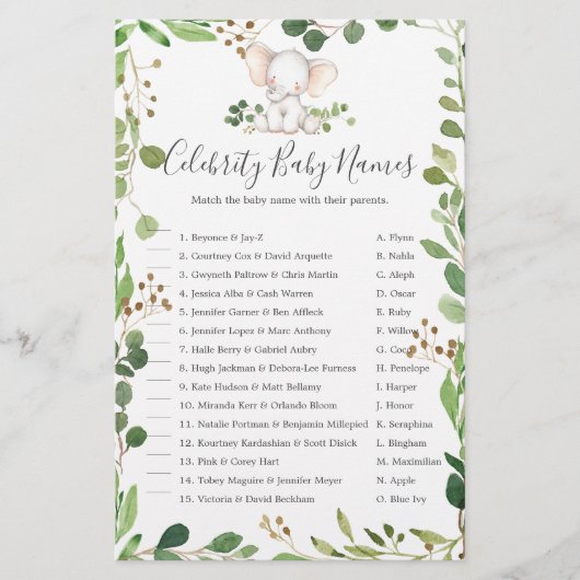 Olifant Baby shower Beroemdheid Baby Namen (Voorkant)