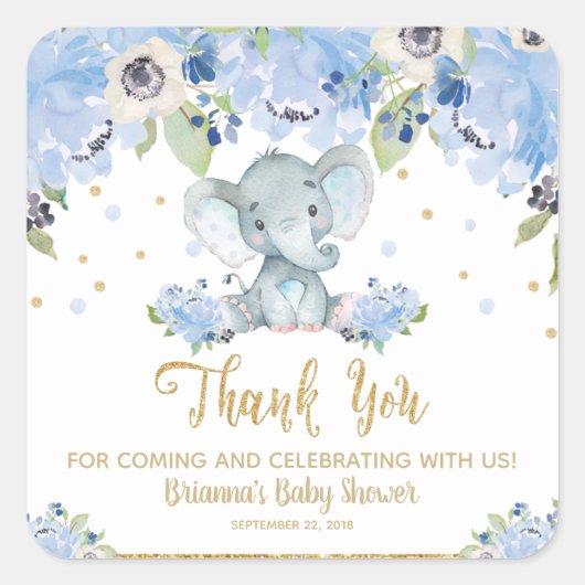 Olifant Baby shower Blauw Bloemen Dank u Favor Vierkante Sticker (Voorkant)
