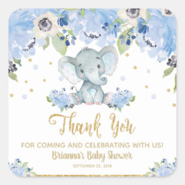 Olifant Baby shower Blauw Bloemen Dank u Favor Vierkante Sticker