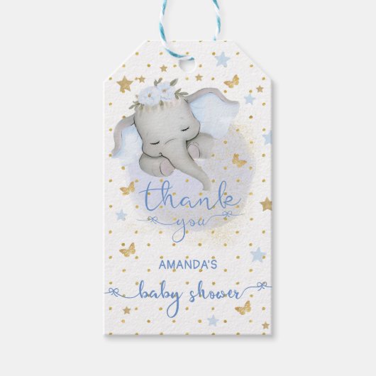 Olifant Baby shower Blauw Dank u Cadeaulabel (Voorkant)
