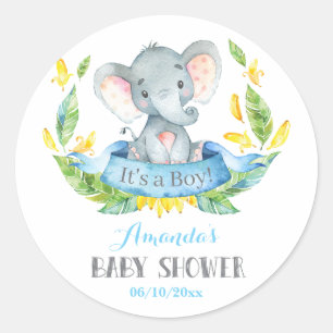 Olifant Baby Shower Blauw en Grijs Jongen Ronde Sticker