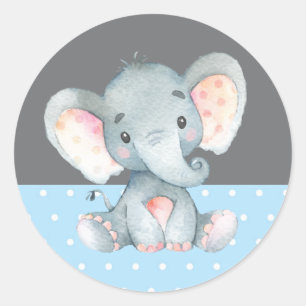 Olifant Baby Shower Blauw en Grijs Jongen Ronde Sticker