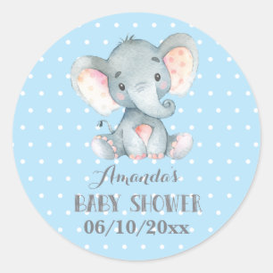Olifant Baby Shower Blauw en Grijs voor Jongen Ronde Sticker