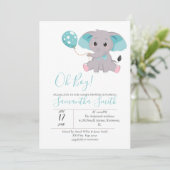olifant baby shower blauwe ballon uitnodiging (Staand voorkant)