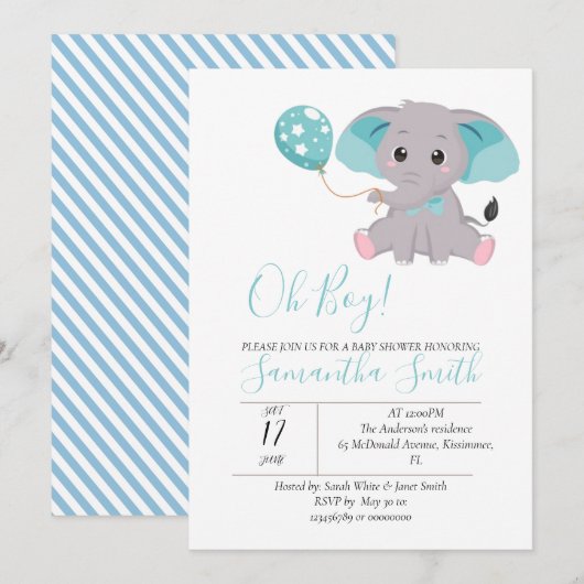 olifant baby shower blauwe ballon uitnodiging (Voorkant / Achterkant)