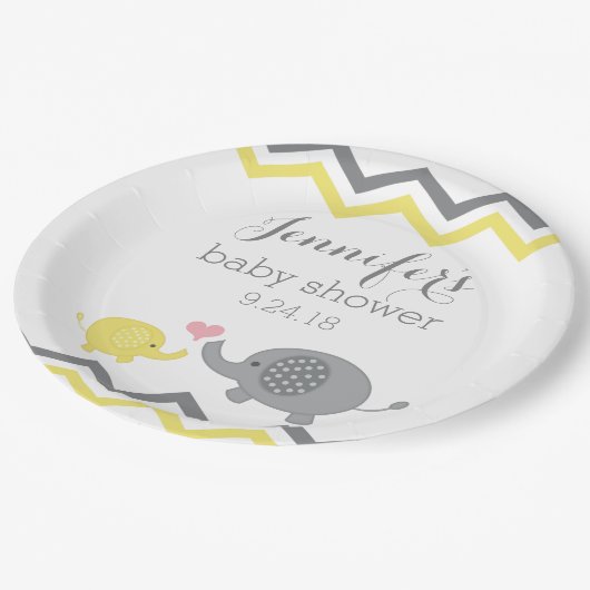 Olifant Baby shower Borden | Geel Grijs Chevron Papieren Bordje (Gekanteld)