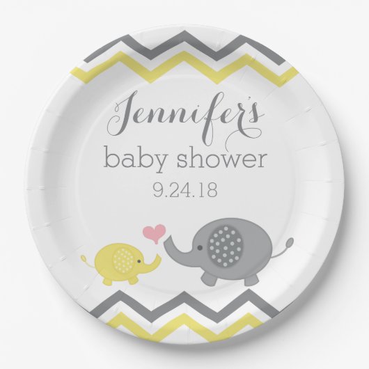 Olifant Baby shower Borden | Geel Grijs Chevron Papieren Bordje (Voorkant)