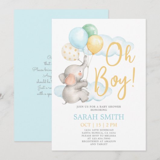 Olifant Baby shower boy Kaart (Voorkant / Achterkant)