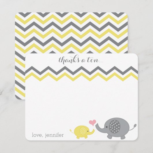 Olifant Baby shower dank u Geel Grijs Chevron Notitiekaartje (Voorkant / Achterkant)