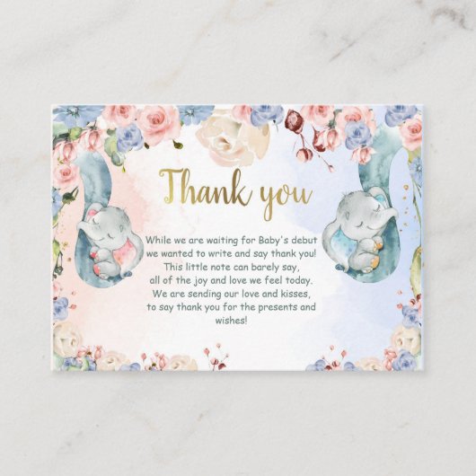 Olifant Baby shower dank u kaart, Geslacht onthull Informatiekaartje (Voorkant)