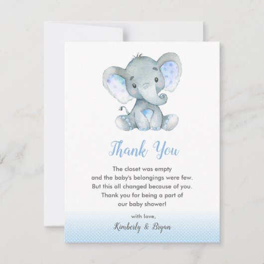 Olifant Baby shower dank u kaarten jongens blauw (Voorkant)