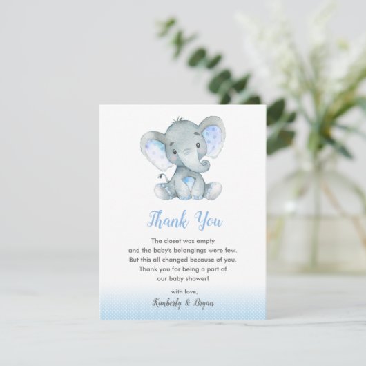 Olifant Baby shower dank u kaarten jongens blauw (Staand voorkant)