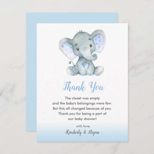 Olifant Baby shower dank u kaarten jongens blauw (Voorkant / Achterkant)