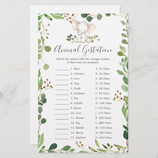 Olifant Baby shower Dier Gestation Spel (Voorkant / Achterkant)