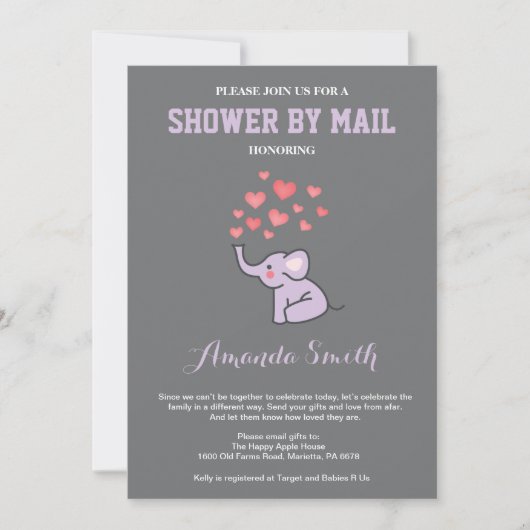 Olifant Baby shower door Mail Paarse en Grijs Kaart (Voorkant)