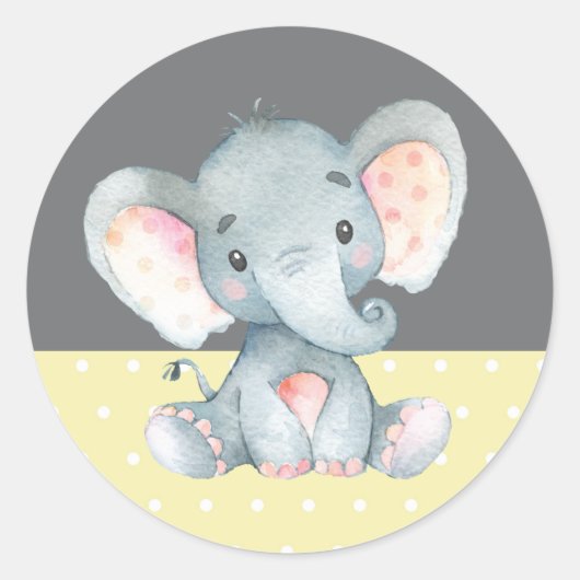Olifant Baby shower geel en grijs Ronde Sticker (Voorkant)