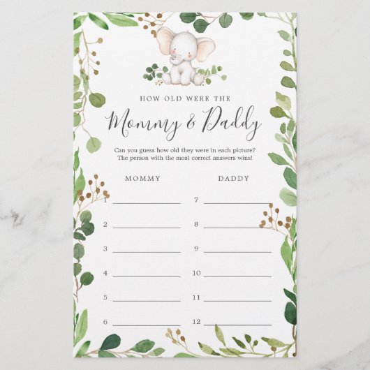 Olifant Baby shower Hoe oud waren ze spel Kaart (Voorkant)