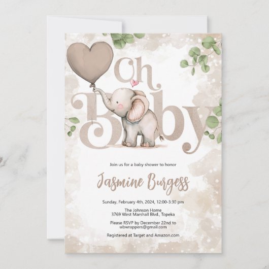 Olifant Baby shower Invitation - Aardtonen Kaart (Voorkant)