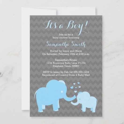 Olifant Baby shower Invitation Blue Grey Chevron Kaart (Voorkant)