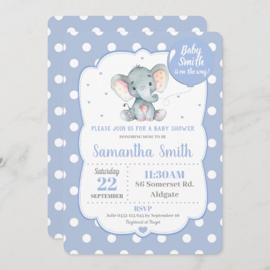Olifant Baby shower Invitation Blue Polka Dot Boy Kaart (Voorkant / Achterkant)