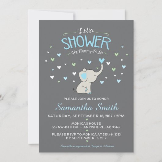Olifant Baby shower Invitation, Boy Baby shower Kaart (Voorkant)