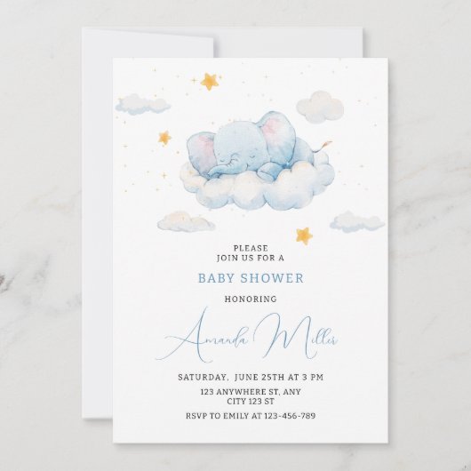 Olifant Baby shower Invitation, Boy Baby shower Kaart (Voorkant)