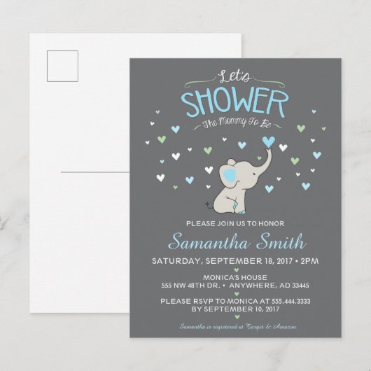 Olifant Baby shower Invitation, Boy Baby shower Uitnodiging Briefkaart (Voorkant / Achterkant)
