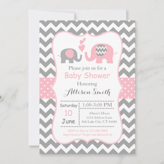 Olifant Baby shower Invitation, Chevron Kaart (Voorkant)