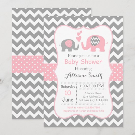 Olifant Baby shower Invitation, Chevron Kaart (Voorkant / Achterkant)