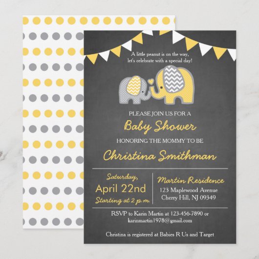 Olifant Baby shower Invitation Geel en Grijs Kaart (Voorkant / Achterkant)