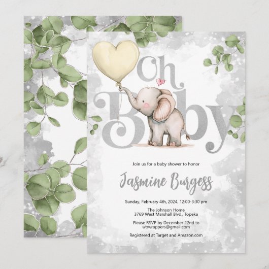 Olifant Baby shower Invitation - Geel Kaart (Voorkant / Achterkant)