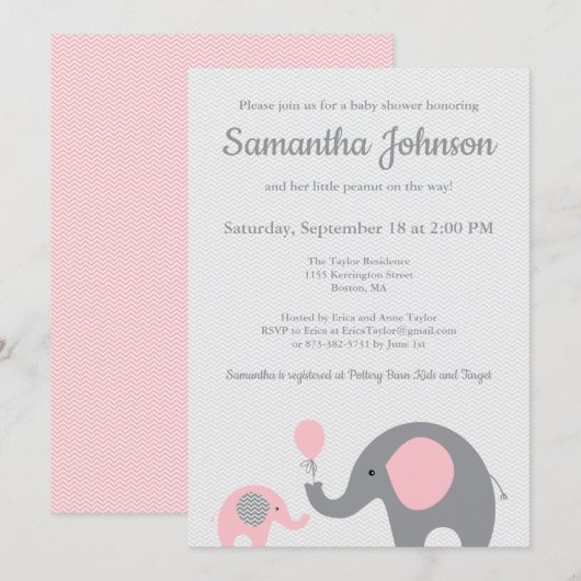 Olifant Baby shower Invitation in Roze en Grijs Kaart (Voorkant / Achterkant)