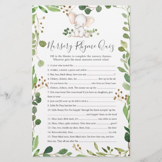 Olifant Baby shower kinderkamer rijm quiz spel (Voorkant)