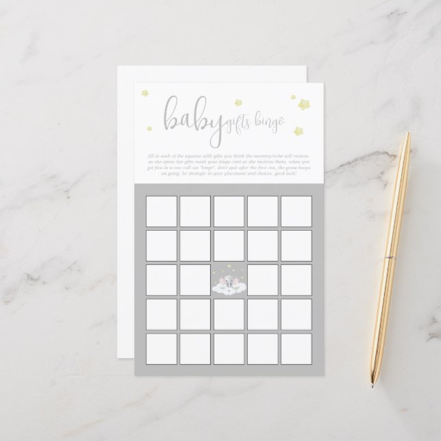 Olifant Baby shower Lichtgrijs Baby Bingo spel (Voorkant / Achterkant in situ)