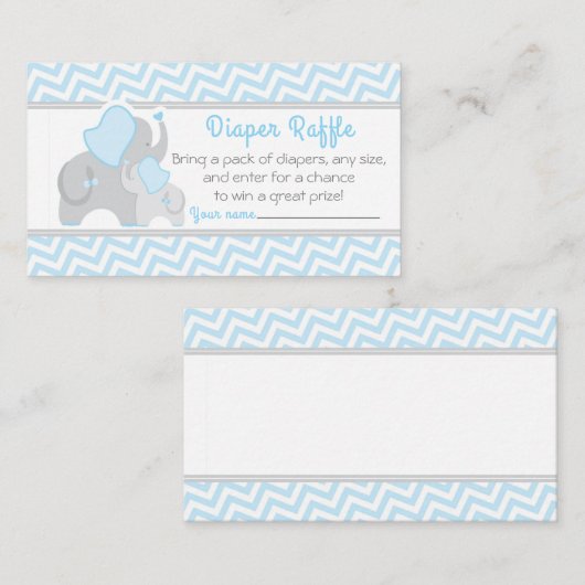 Olifant Baby shower Luier Raffle Ticket Blauw Informatiekaartje (Voorkant / Achterkant)