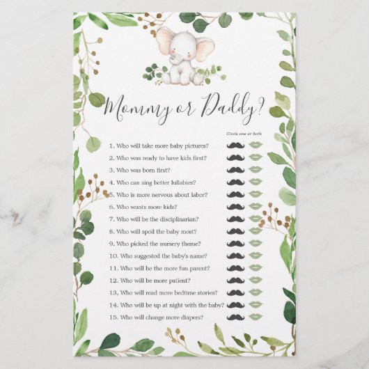 Olifant Baby shower mama of papa spel (Voorkant)