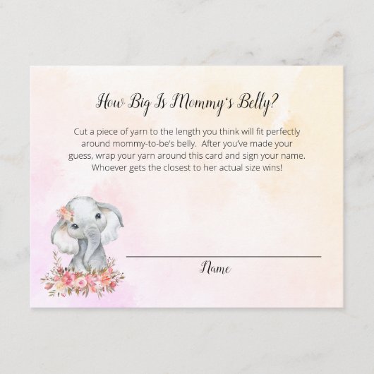 Olifant Baby shower Mama's Belly Size Game Informatiekaartje (Voorkant)