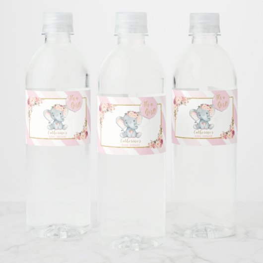 Olifant Baby shower Meisje Roze Water Fles Label Waterfles Etiket (Flessen)