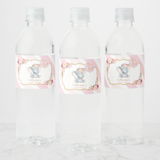 Olifant Baby shower Meisje Roze Water Fles Label Waterfles Etiket (Flessen)