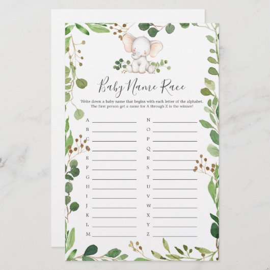 Olifant Baby shower naam ras spel (Voorkant / Achterkant)