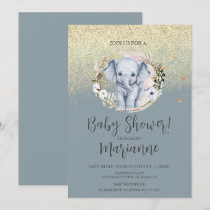 Olifant Baby Shower Nepgoud Glitter Stofblauw Kaart