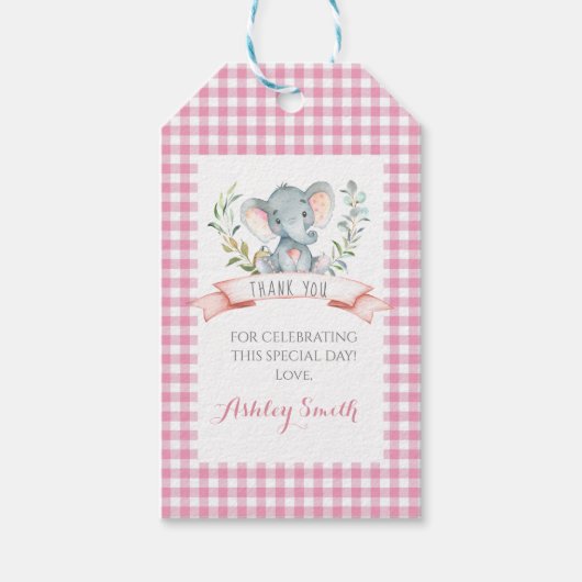 olifant baby shower nodigt roze meisje uit cadeaulabel (Voorkant)