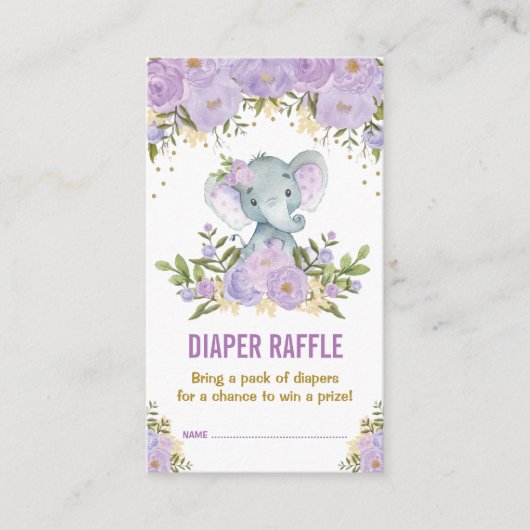 Olifant Baby shower Paarse Bloemenluier Raffle Informatiekaartje (Voorkant)