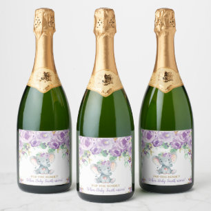Olifant Baby Shower Paarse Bloemrijke Proost de Bu Sparkling Wijnetiket