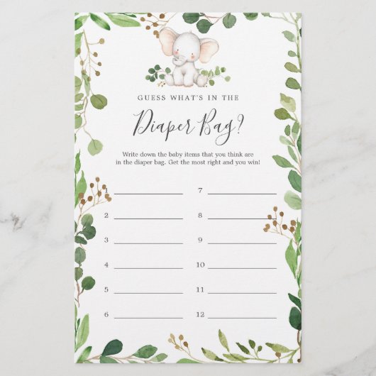 Olifant Baby shower Raad wat er in luiertas zit (Voorkant)